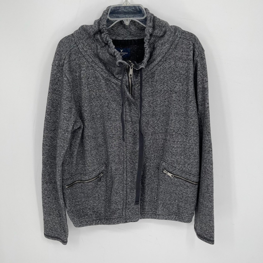 American Eagle Women's Gray Marled Snap Zip Pockets Cowl Neck Sweatshirt Size L